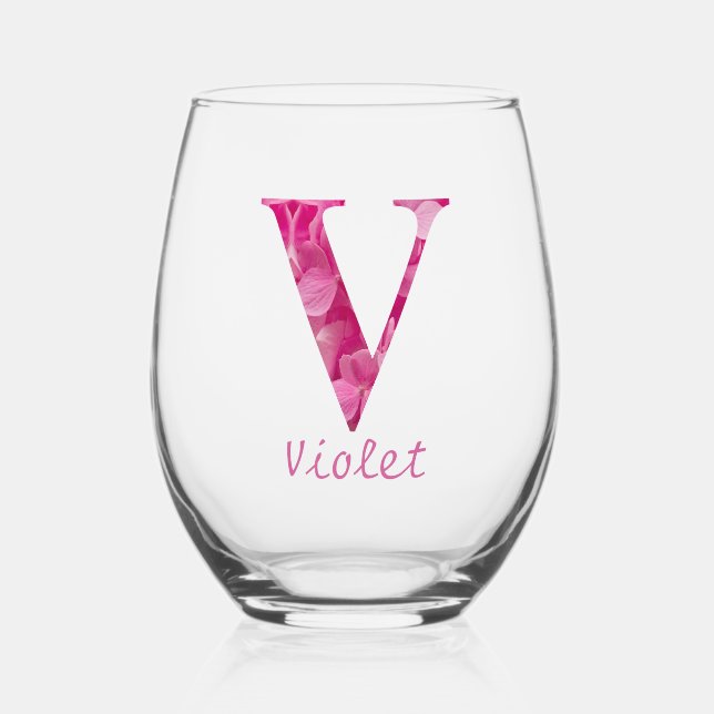 Vaso De Vino Nombre Personalizado Elegante Monograma Floral Ros (Anverso)