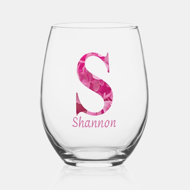 Vaso De Vino Nombre Personalizado Elegante Monograma Floral Ros (Anverso)