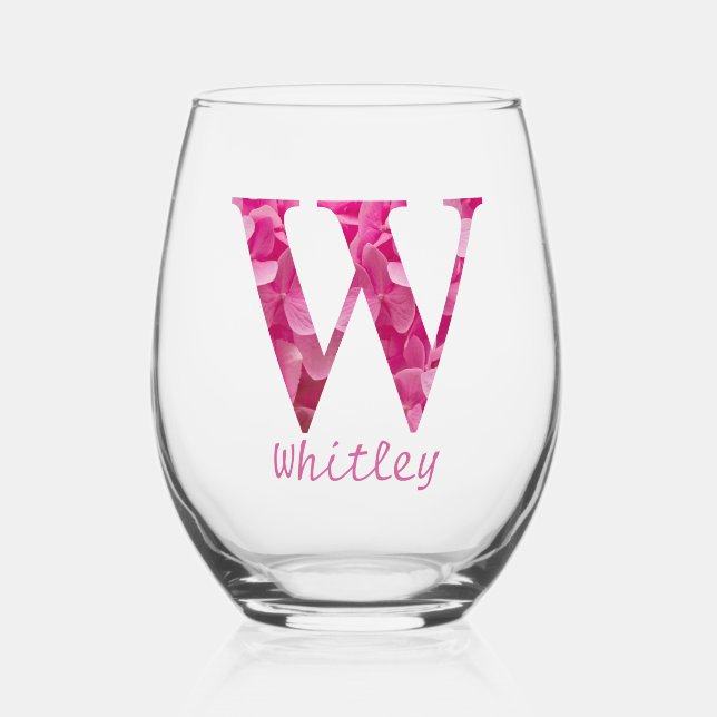 Vaso De Vino Nombre Personalizado Elegante Monograma Floral Ros (Anverso)