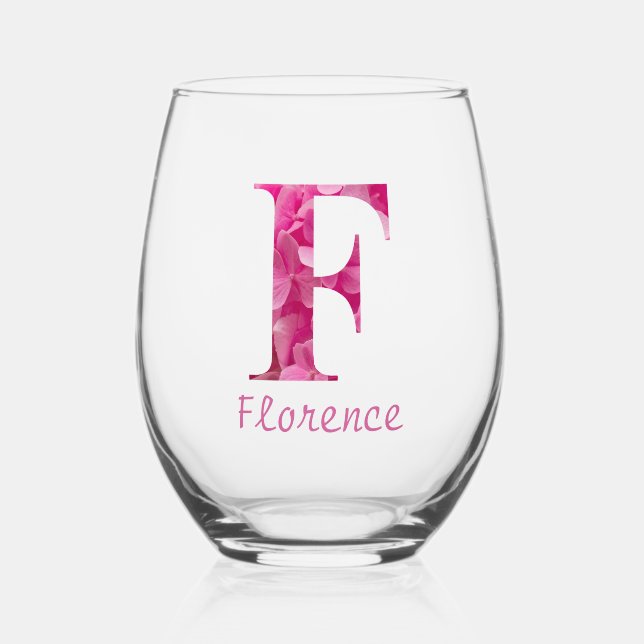 Vaso De Vino Nombre Personalizado Elegante Monograma Floral Ros (Anverso)