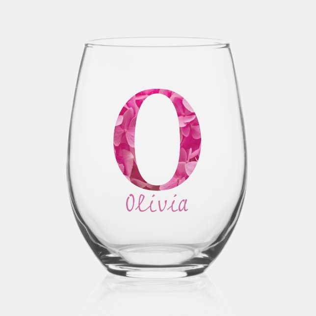 Vaso De Vino Nombre Personalizado Elegante Monograma Floral Ros (Anverso)