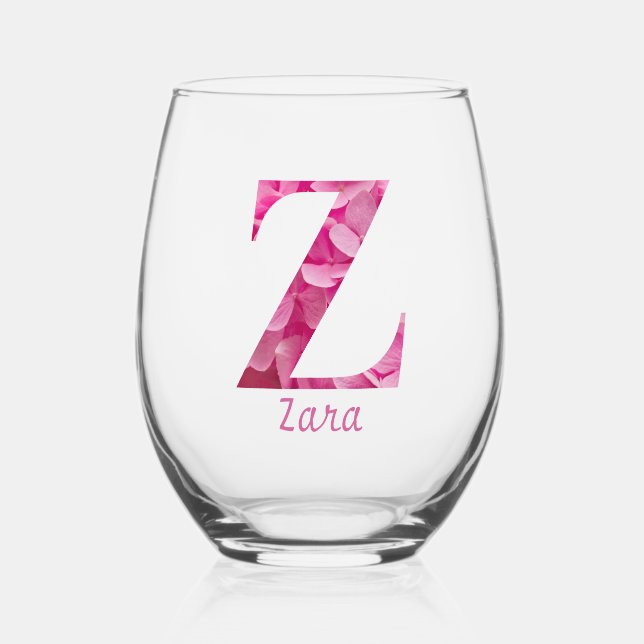 Vaso De Vino Nombre Personalizado Elegante Monograma Floral Ros (Anverso)