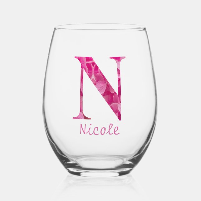 Vaso De Vino Nombre Personalizado Elegante Monograma Floral Ros (Anverso)