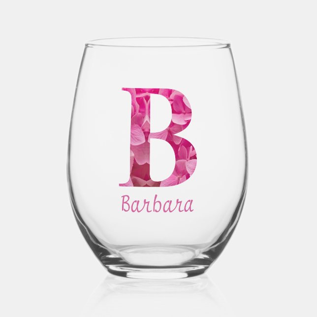 Vaso De Vino Nombre Personalizado Elegante Monograma Floral Ros (Anverso)