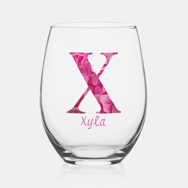 Vaso De Vino Nombre Personalizado Elegante Monograma Floral Ros (Anverso)