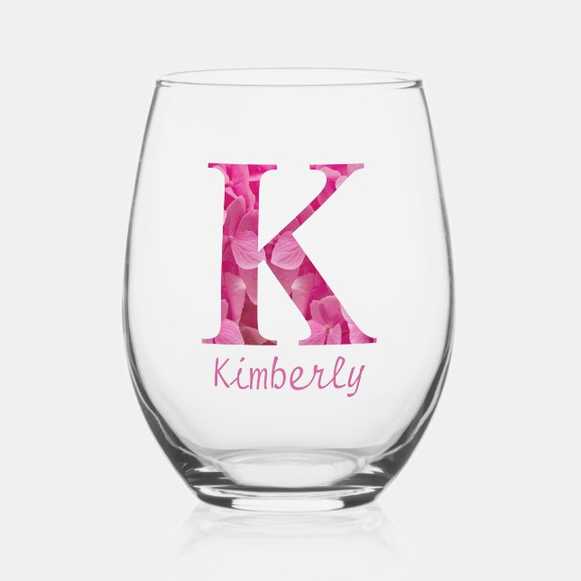 Vaso De Vino Nombre Personalizado Elegante Monograma Floral Ros (Anverso)