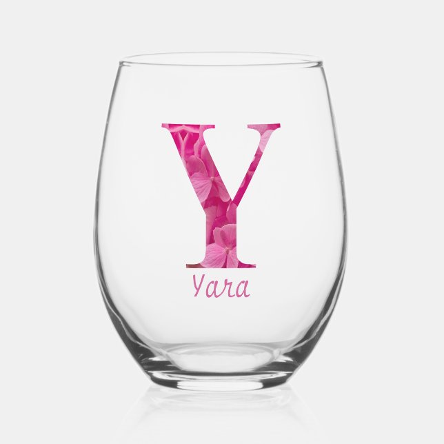 Vaso De Vino Nombre Personalizado Elegante Monograma Floral Ros (Anverso)