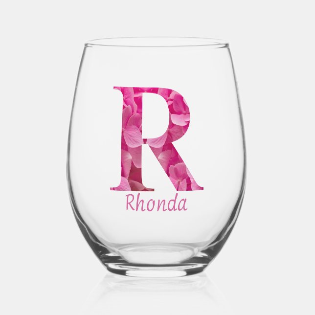 Vaso De Vino Nombre Personalizado Elegante Monograma Floral Ros (Anverso)