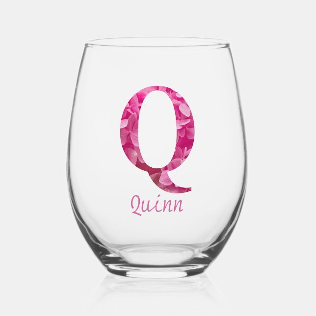 Vaso De Vino Nombre Personalizado Elegante Monograma Floral Ros (Anverso)