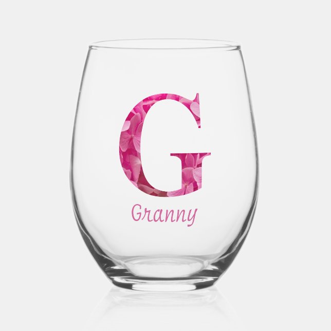 Vaso De Vino Nombre Personalizado Elegante Monograma Floral Ros (Anverso)