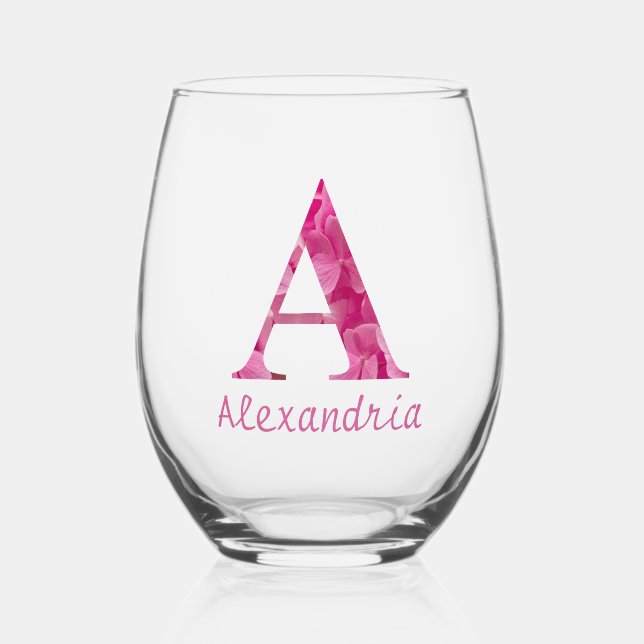 Vaso De Vino Nombre Personalizado Elegante Monograma Floral Ros (Anverso)