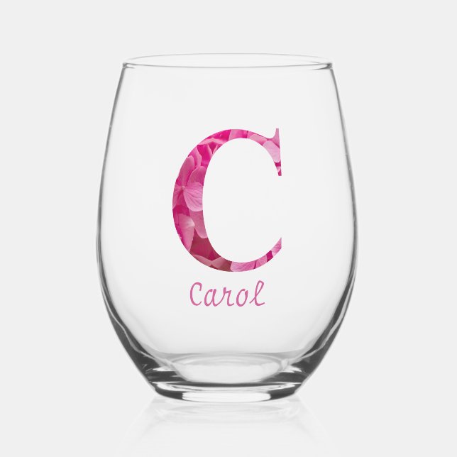 Vaso De Vino Nombre Personalizado Elegante Monograma Floral Ros (Anverso)