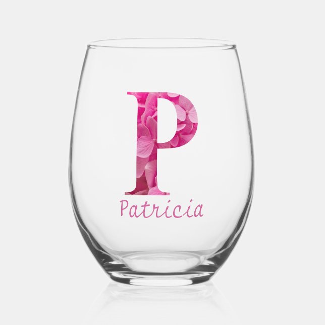 Vaso De Vino Nombre Personalizado Elegante Monograma Floral Ros (Anverso)