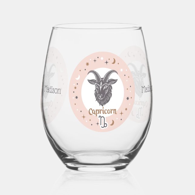Vaso De Vino Nombre personalizado Rótulo Zodiac Capricorn (Reverso )