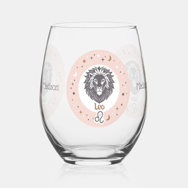 Vaso De Vino Nombre personalizado Zodiac Rótulo Leo (Reverso )
