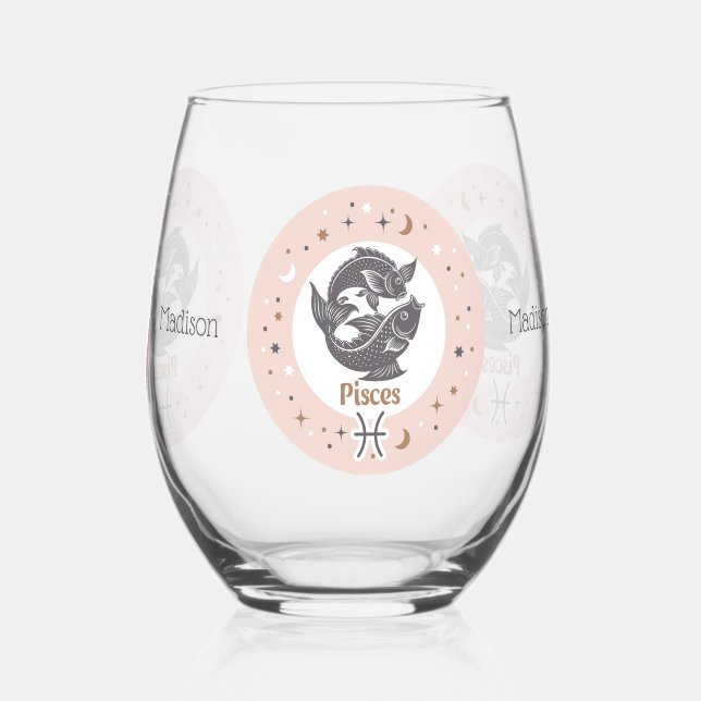 Vaso De Vino Nombre personalizado Zodiac Rótulo Pisces (Reverso )