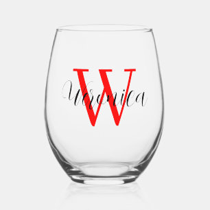 Vaso De Vino Nombre rojo inicial y negro   Elegante