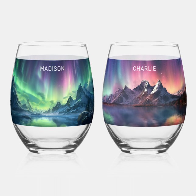 Vaso De Vino Nombres personalizados Aurora Borealis (Anverso)