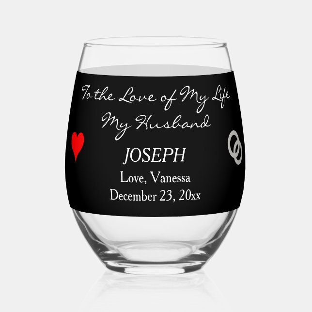Vaso De Vino Novia a Groom Regalo Monograma Corazón Rojo Negro (Anverso)