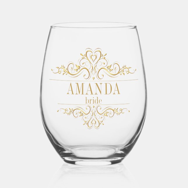 Vaso De Vino Novia elegante de oro personalizada (Anverso)