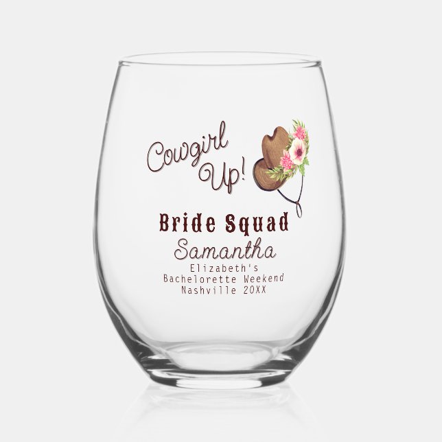 Vaso De Vino Novia Escuadrón Rústica Vaquera Rosa Bachelorette (Anverso)