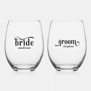 Vaso De Vino Novia, Groom Elegant Typografía Negra