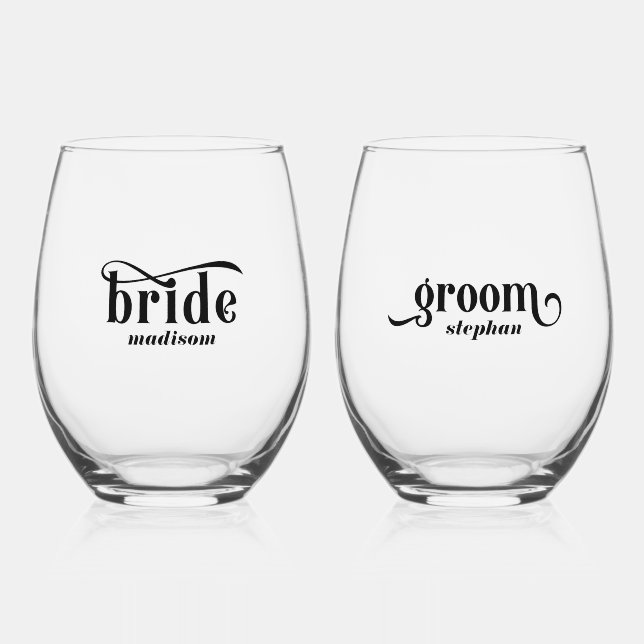 Vaso De Vino Novia, Groom Elegant Typografía Negra (Anverso)
