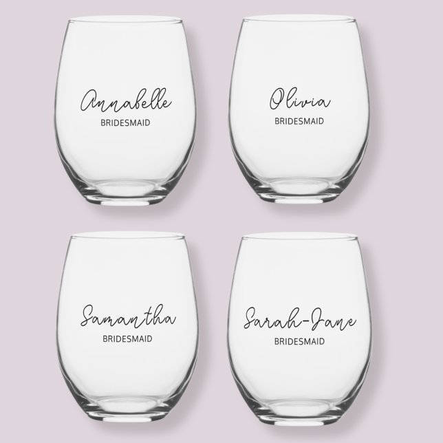 Vaso De Vino Novia Wedding Party Moderno (Modern stemless wine glasses personalized for bridesmaids with script name.)