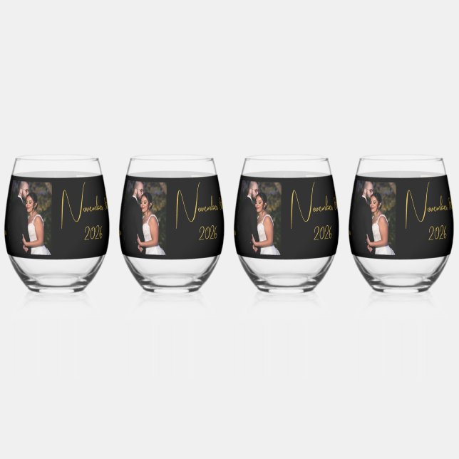 Vaso De Vino Novia y Groom foto personalizada de Black & Gold (Reverso)