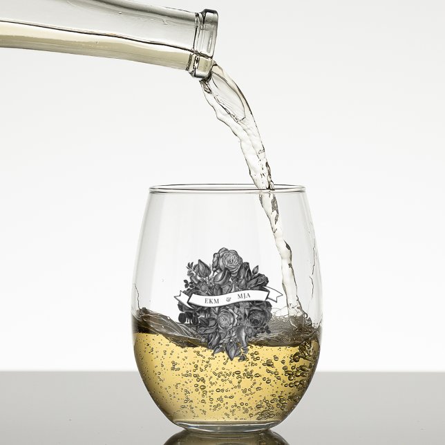 Vaso De Vino Novia y Groom Monograma inician Rosas negros (Subido por el creador)
