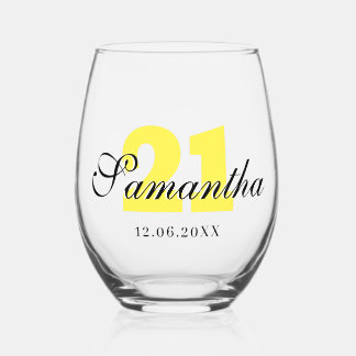 Vaso De Vino Número de cumpleaños amarillo limón | Black 3D Nam