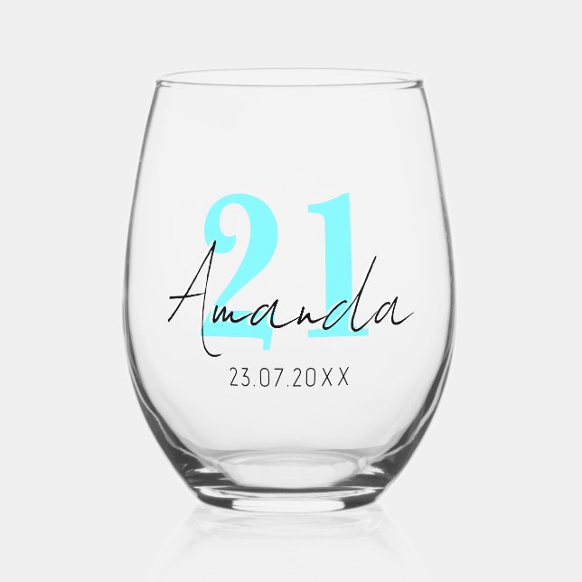 Vaso De Vino Número de cumpleaños azul eléctrico | Black 3D Nam (Anverso)