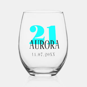Vaso De Vino Número de cumpleaños de Neon Cyan   Fecha de nombr