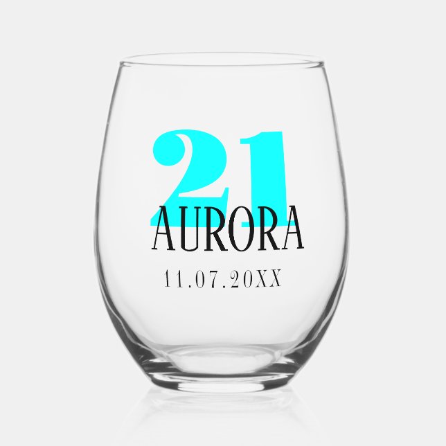 Vaso De Vino Número de cumpleaños de Neon Cyan | Fecha de nombr (Anverso)