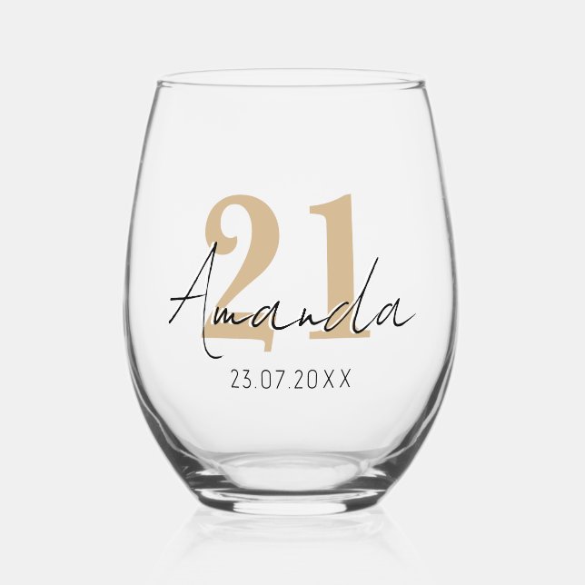 Vaso De Vino Número de cumpleaños de Tan | Black 3D Name Date (Anverso)