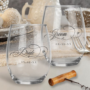 Vaso De Vino Ornate Calligraphy Hearts Bride Groom Black ID1025