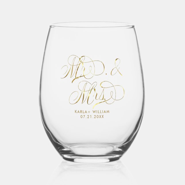 Vaso De Vino Oro Sr. y Sra. Elegant Script Typography 2 (Anverso)