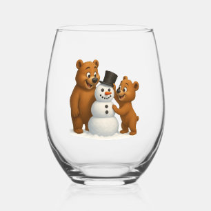 Vaso De Vino osos lindos construyendo un muñeco de nieve