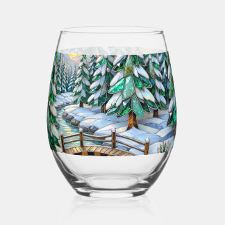 Vaso De Vino Paisaje invernal de vidrio emplomado con puente de