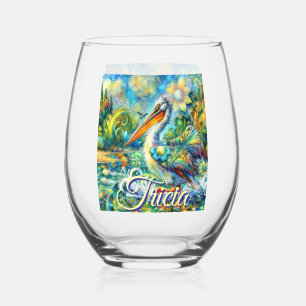 Vaso De Vino Pájaro pelicano personalizado en floral de Wonderl