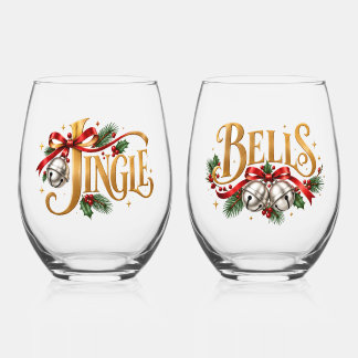 Vaso De Vino Par de tipografía navideña Jingle Bells Gold