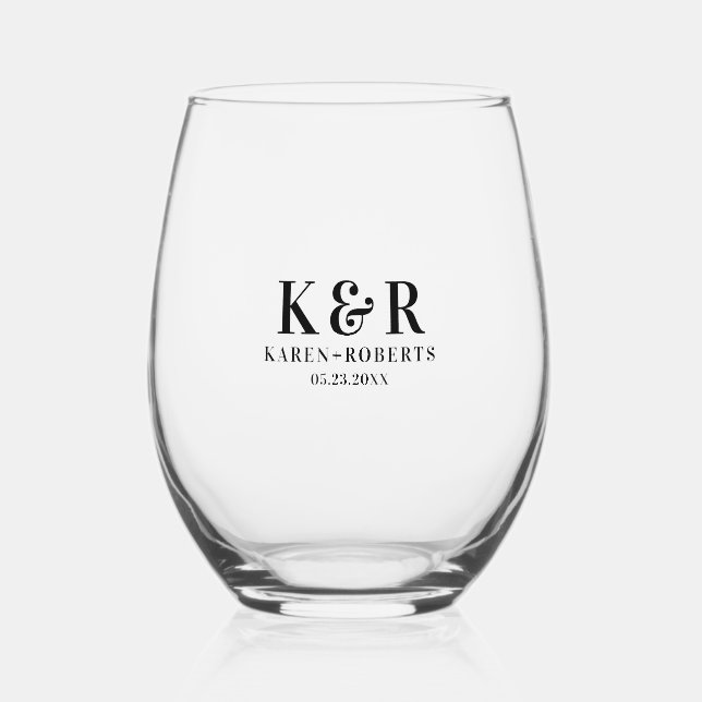 Vaso De Vino Pareja Boda de Iniciales Personalizados Negros (Anverso)