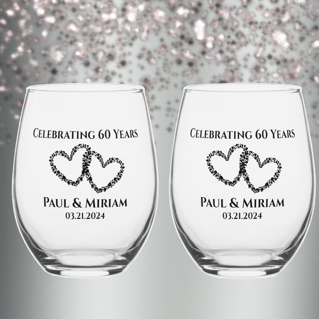 Vaso De Vino Parejas Nombre Regalo del 60° Aniversario Corazón  (Personalize keepsake 60th anniversary elegant hearts glass. Add names date for favorite or gift.
)