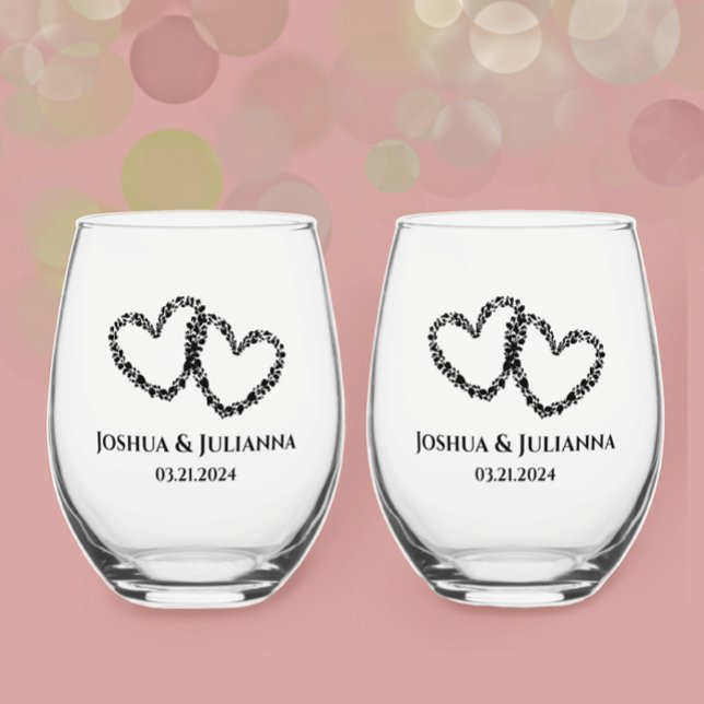 Vaso De Vino Parejas Nombres Elegante Original Regalo Corazón (Personalized Couples names and date keepsake gift, elegant unique hearts stemless wine glass)