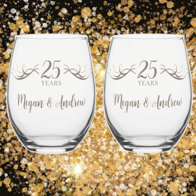 Vaso De Vino Parejas personalizados nombran 25 años Keepsake (Custom keepsake wedding anniversary gift.  Unique modern art couples name date 25 years personalize)