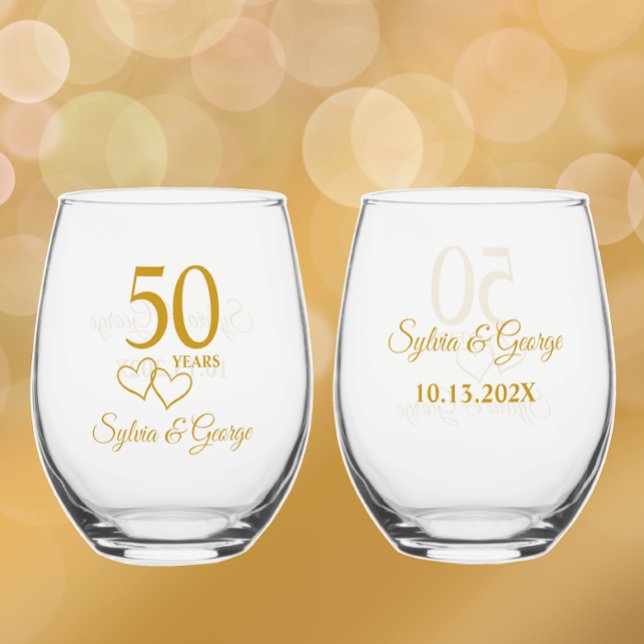 Vaso De Vino Parejas personalizados Nombre Keepsake Regalo de 5 (Personalize these unique golden 50th anniversary stemless wine glasses. Keepsake gift.)