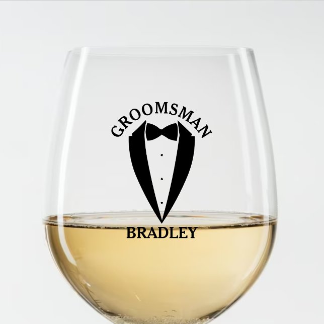 Vaso De Vino Partido Bachelor del Boda del nombre del Groomsman (Black Groomsman Name Wedding Bachelor Party Stemless Wine Glass)