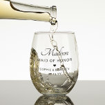 Vaso De Vino Partido De Boda Personalizada De La Mujer De Honor<br><div class="desc">La Fiesta de la Boda del Nombre Personalizado de la Mujer de honor Gafas de Bodas sin piedad presenta el nombre de su empleada de honor con los nombres de la pareja de novias y la fecha de boda acentuada con un pequeño corazón de amor. Personalizado hecha para las damas...</div>