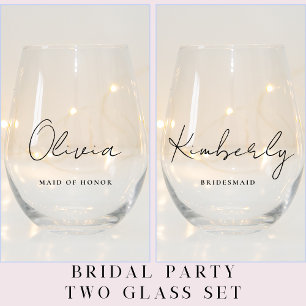 Vaso De Vino Partido de Novias Monograma con guión elegante