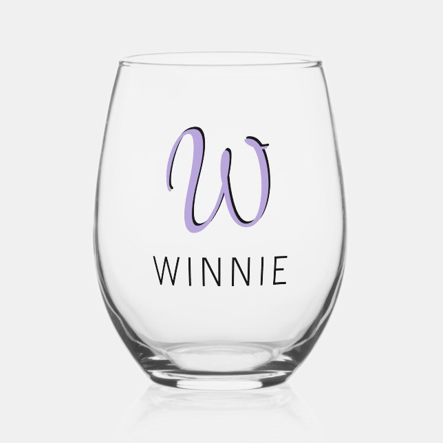 Vaso De Vino Pastel Purple Elegant Nombre inicial Negro | Moder (Anverso)